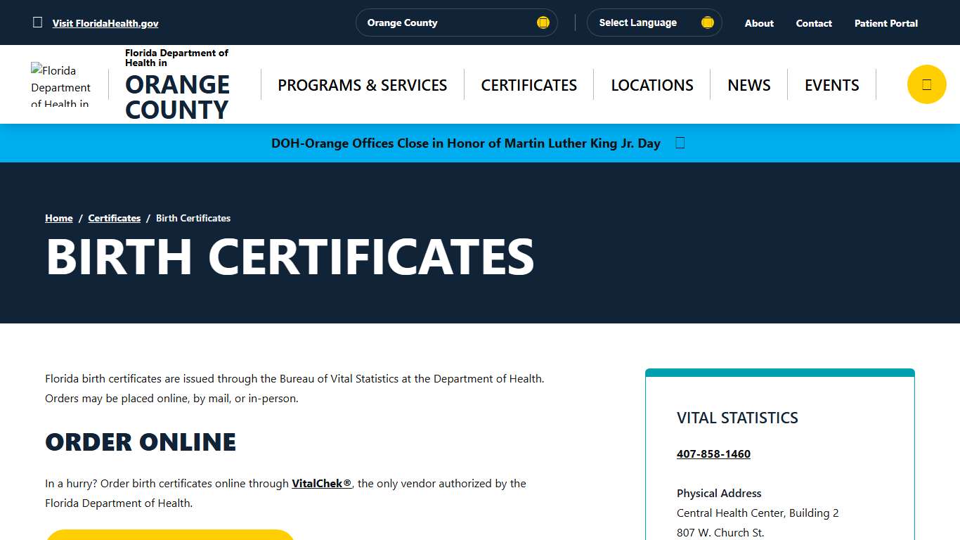 Birth Certificates - Florida Department of Health in Orange County