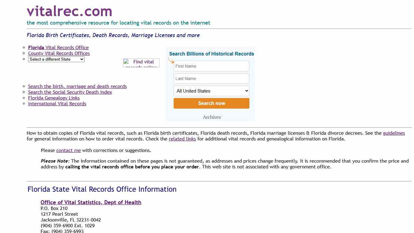 Florida Birth Certificate, Death Record, Marriage license and other vital records